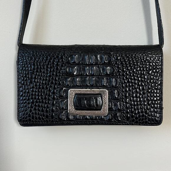 Brighton Black Leather Vintage Croc Embossed Clutch Shoulder Bag - Picture 2 of 13